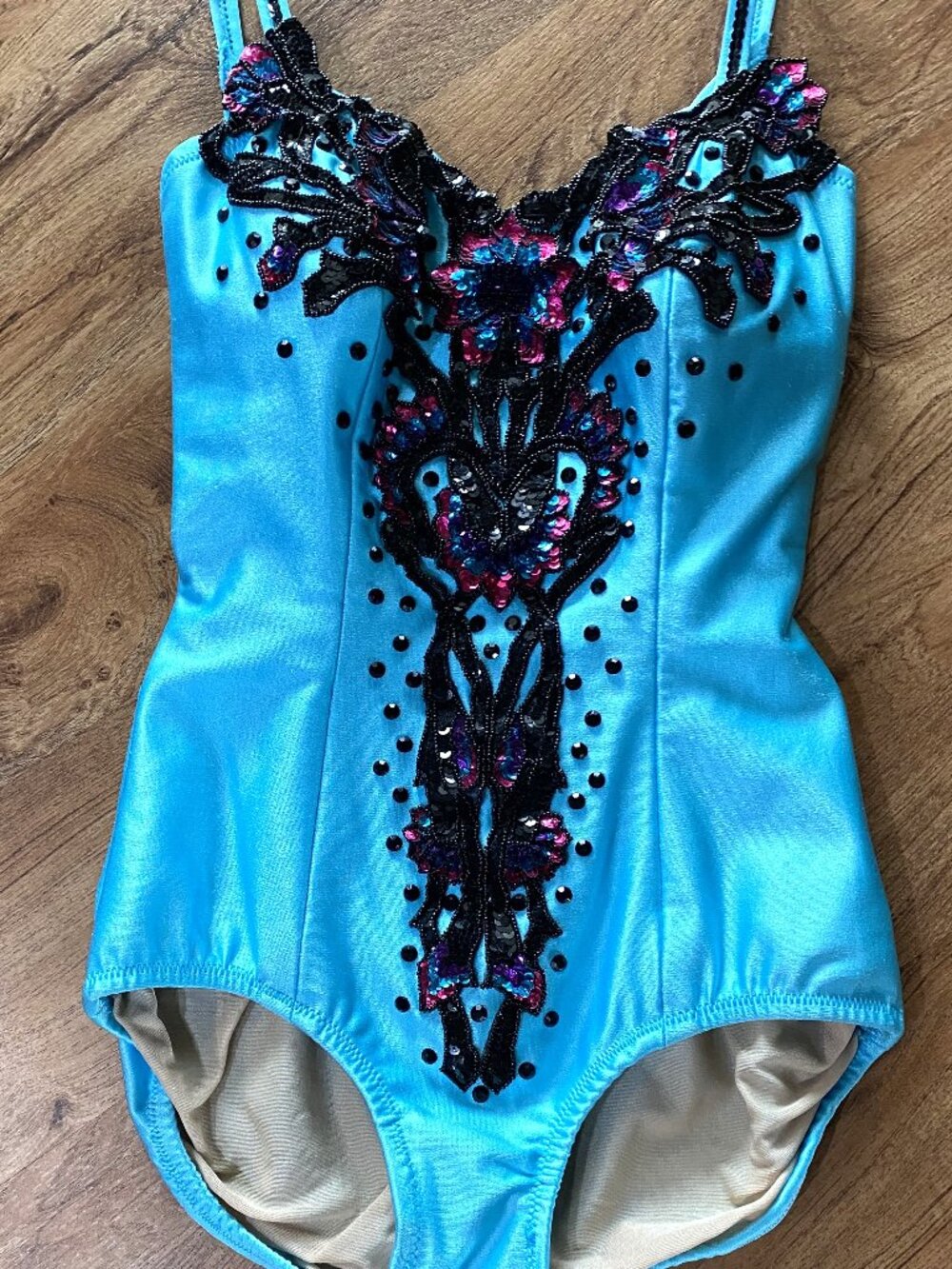 Vintage Runway Blue Swimsuit Style Dance Costume/Black& PInk Rhinestones-Small